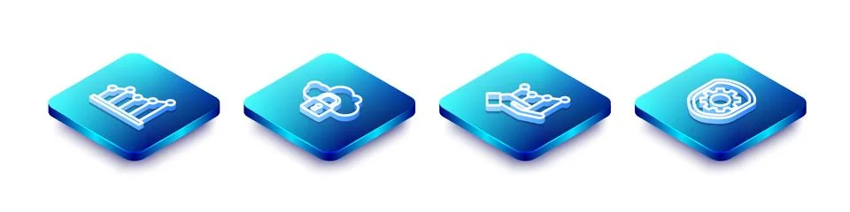 Set Isometric line Pie chart infographic, Cloud computing lock, and Shield with Stock Illustration