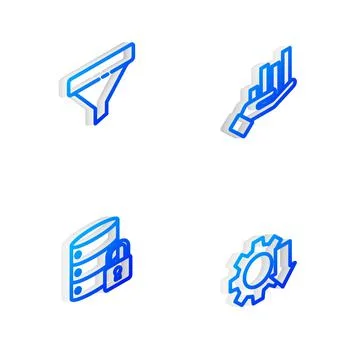 Set Isometric line Pie chart infographic, Sales funnel, Server security with Stock Illustration