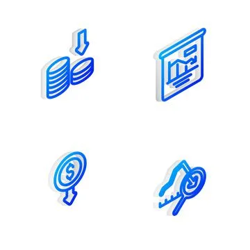 Set Isometric line Pie chart infographic, Dollar rate decrease, and Global Stock Illustration