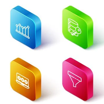 Set Isometric line Pie chart infographic, Server security with key, Laptop Illustrazione stock