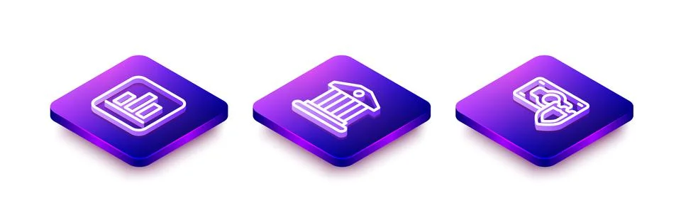 Set Isometric line Pie chart infographic, Bank building and Money with shield Ilustración de archivo