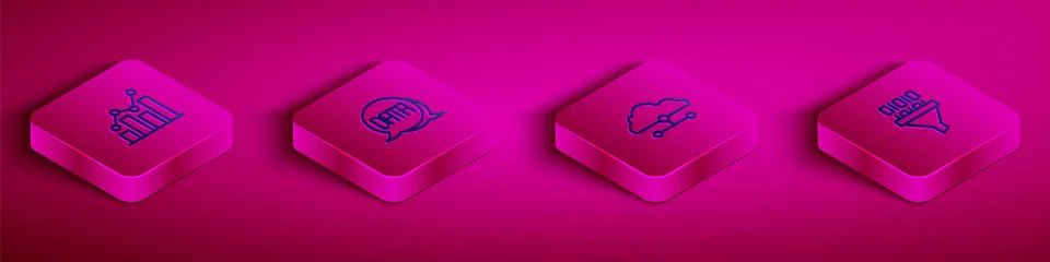 Set Isometric line Pie chart infographic, Data analysis, Network cloud Stock Illustration