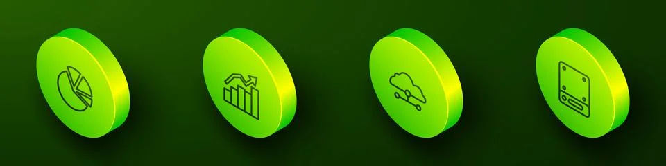 Set Isometric line Pie chart infographic, Financial growth, Network cloud c.. Stock Illustration