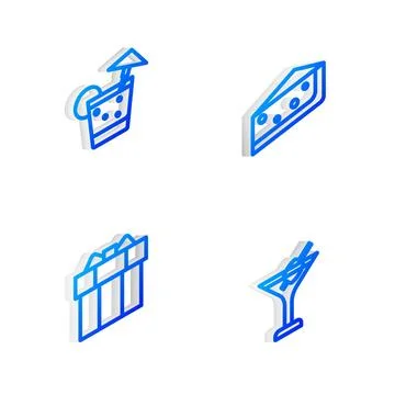 Set Isometric line Piece of cake, Cocktail, Gift box and Martini glass icon Illustrazione stock