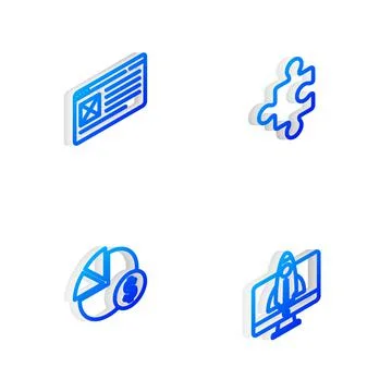 Set Isometric line Piece of puzzle, Browser window, chart and dollar and Startup Stock Illustration