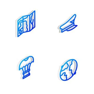 Set Isometric line Pilot hat, World travel map, Box flying on parachute and Stock Illustration