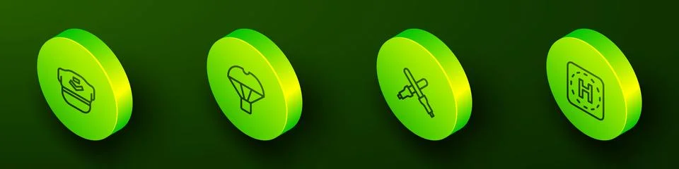 Set Isometric line Pilot hat, Box flying on parachute, Marshalling wands and イラスト素材