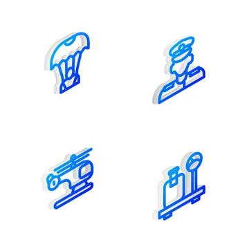 Set Isometric line Pilot, Parachute, Helicopter and Scale with suitcase icon Illustration