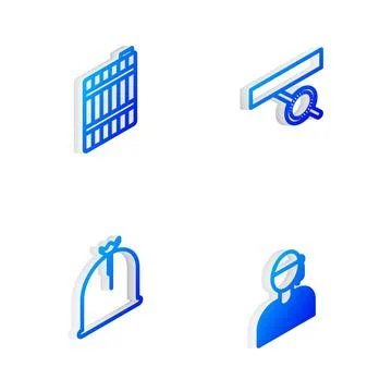Set Isometric line Pirate eye patch, Wooden barrel, sack and Sailor captain icon Stock Illustration