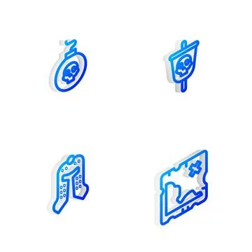 Set Isometric line Pirate flag, Bomb ready to explode, Medieval helmet and tr Stock Illustration