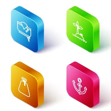 Set Isometric line Pirate hat, Tropical island in ocean, sack and Anchor icon Stock Illustration