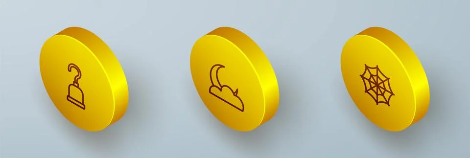 Set Isometric line Pirate hook, Moon and stars and Spider web icon. Vector Stock Illustration