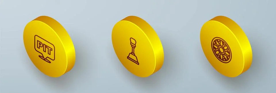 Set Isometric line Pit stop, Gear shifter and Alloy wheel for car icon. Vecto Stock Illustration