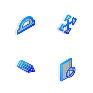 Set Isometric line Pixel arrows in four directions, Protractor grid, Pencil and イラスト素材