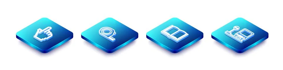 Set Isometric line Pixel hand cursor, Roulette construction, Open book and Bus Stock Illustration