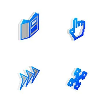 Set Isometric line Pixel hand cursor, Open book, Arrow and arrows in four Stock Illustration