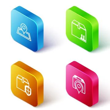 Set Isometric line Placeholder on map, Cardboard box with traffic, Delivery Stock Illustration