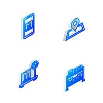 Set Isometric line Placeholder on map, Mobile with app tracking, Scale cardboard Stock Illustration