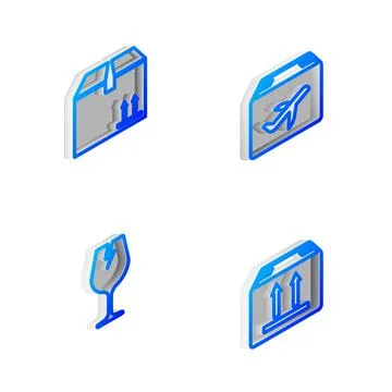 Set Isometric line Plane and cardboard box, Cardboard with traffic, Fragile Illustration