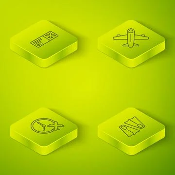 Set Isometric line Plane, Clock with airplane, Rubber flippers for swimming and Stock Illustration