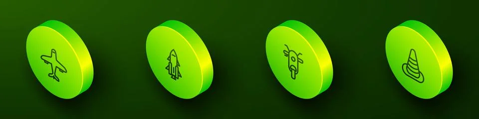 Set Isometric line Plane, Rocket ship with fire, Scooter and Traffic cone icon Stock Illustration