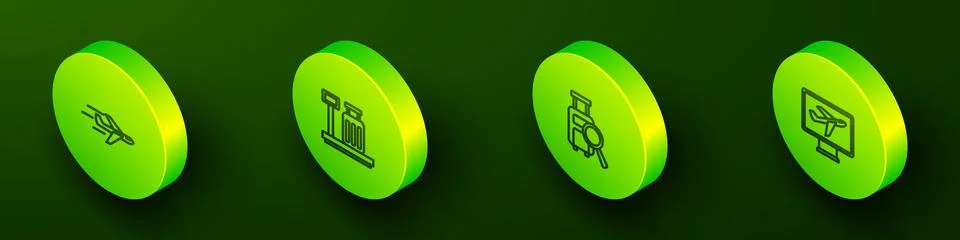 Set Isometric line Plane, Scale with suitcase, Lost baggage and icon. Vector 스톡 일러스트