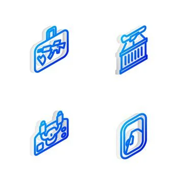 Set Isometric line Plane, Suitcase, Aircraft steering helm and Airplane window イラスト素材