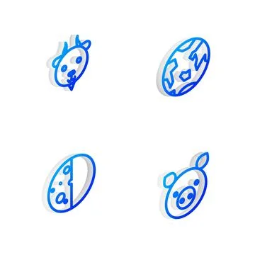 Set Isometric line Planet Earth, Aries zodiac, Eclipse of the sun and Pig ico Ilustração Stock