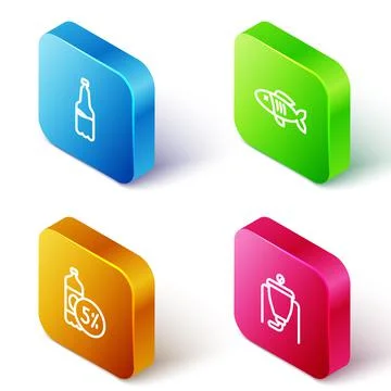 Set Isometric line Plastic beer bottle, Dried fish, Beer and brewing process 스톡 일러스트