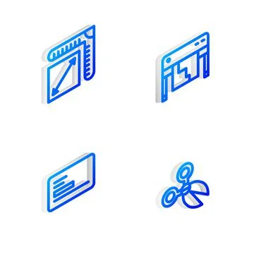 Set Isometric line Plotter, Paper size, Business card and Scissors icon. Vector Ilustración de archivo