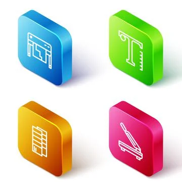 Set Isometric line Plotter, Text, Pantone and Paper cutter icon. Vector Ilustración de archivo