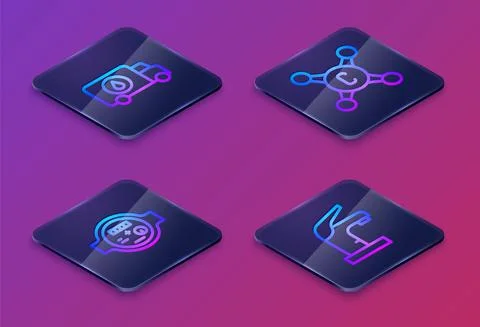 Set Isometric line Plumber service car, Water meter, tap and . Blue square イラスト素材