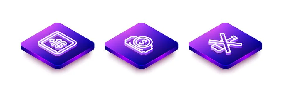 Set Isometric line Plus 16 movie, Cinema ticket and No alcohol icon. Vector Illustrazione stock
