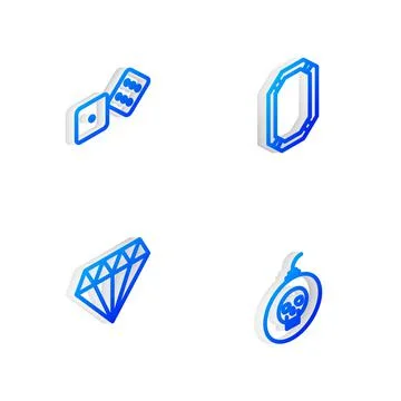 Set Isometric line Poker table, Game dice, Diamond and Bomb ready to explode Illustration