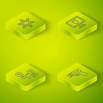 Set Isometric line Police database, Marker of crime scene, electric shocker and Stock Illustration