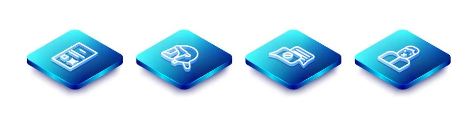 Set Isometric line Poll document, Police helmet, Speech bubble chat and Censor Ilustración de archivo