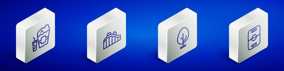 Set Isometric line Popcorn in box and glass, Roller coaster, Tree and Hockey Stock Illustration