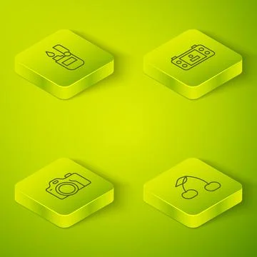 Set Isometric line Portable video game console, Photo camera, Cherry and Lighter 库存插图