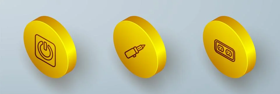 Set Isometric line Power button, Soldering iron and Electrical outlet icon Ilustración de archivo
