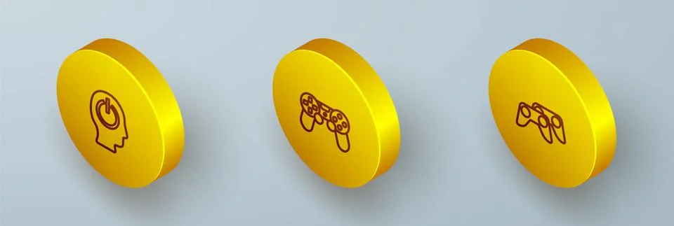 Set Isometric line Power button, Game controller or joystick and icon. Vector Illustrazione stock