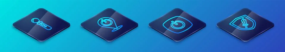 Set Isometric line Power button, VR controller game, Sword for and icon. Vector Stock Illustration