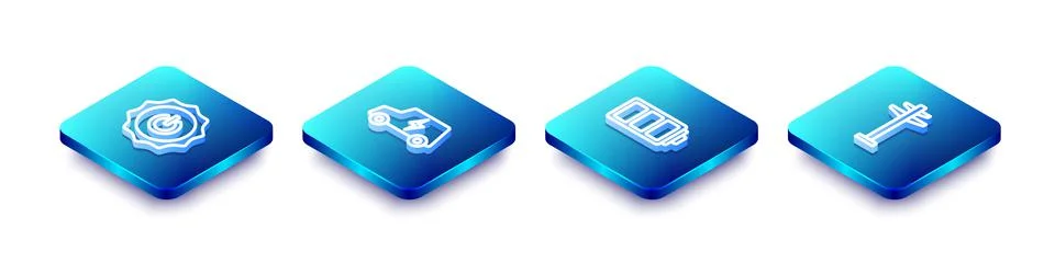 Set Isometric line Power button, Electric car, Battery and tower icon. Vector Stock Illustration