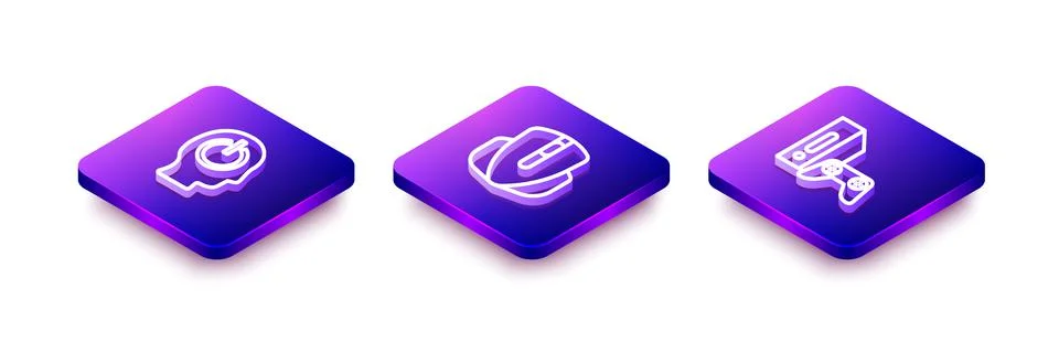 Set Isometric line Power button, Computer mouse and Game console with joystick Illustrazione stock