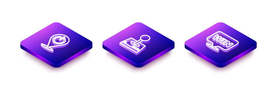 Set Isometric line Power button, Joystick for arcade machine and Medal icon.  Stock Illustration