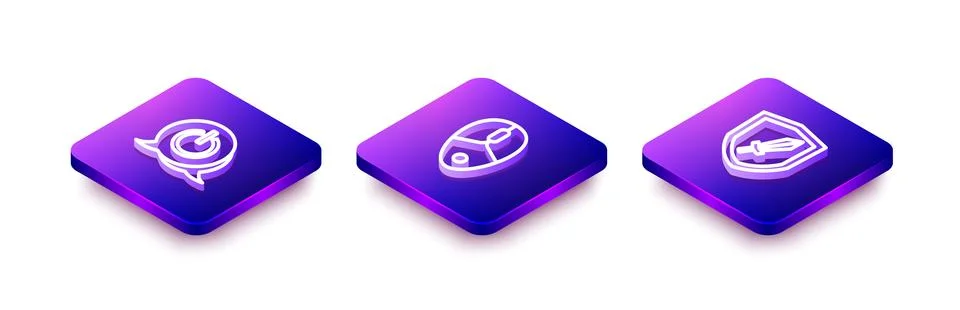 Set Isometric line Power button, Computer mouse and Sword for game icon. Vector Stock Illustration