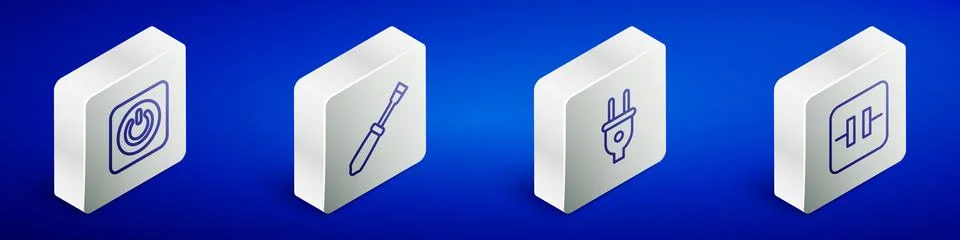 Set Isometric line Power button, Screwdriver, Electric plug and Electrolytic 스톡 일러스트