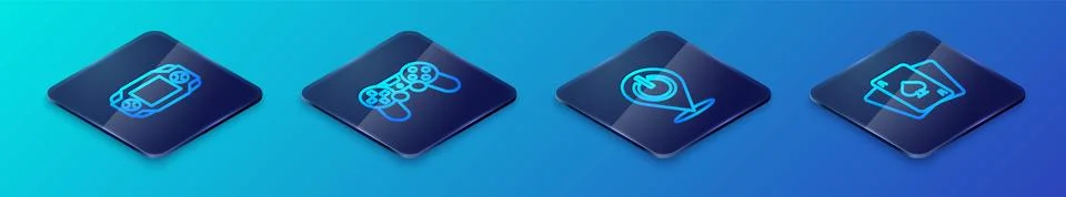Set Isometric line Power button, Portable video game console, Playing cards and Stock Illustration