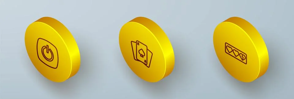 Set Isometric line Power button, Playing cards and Game life bar icon. Vector Stock Illustration