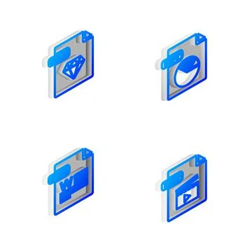 Set Isometric line PPT file document, RUBY, DOC and MOV icon. Vector Illustrazione stock