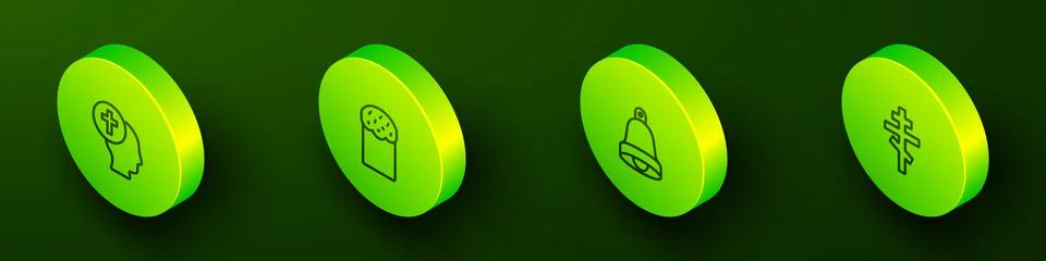 Set Isometric line Priest, Easter cake, Church bell and Christian cross icon Stock Illustration